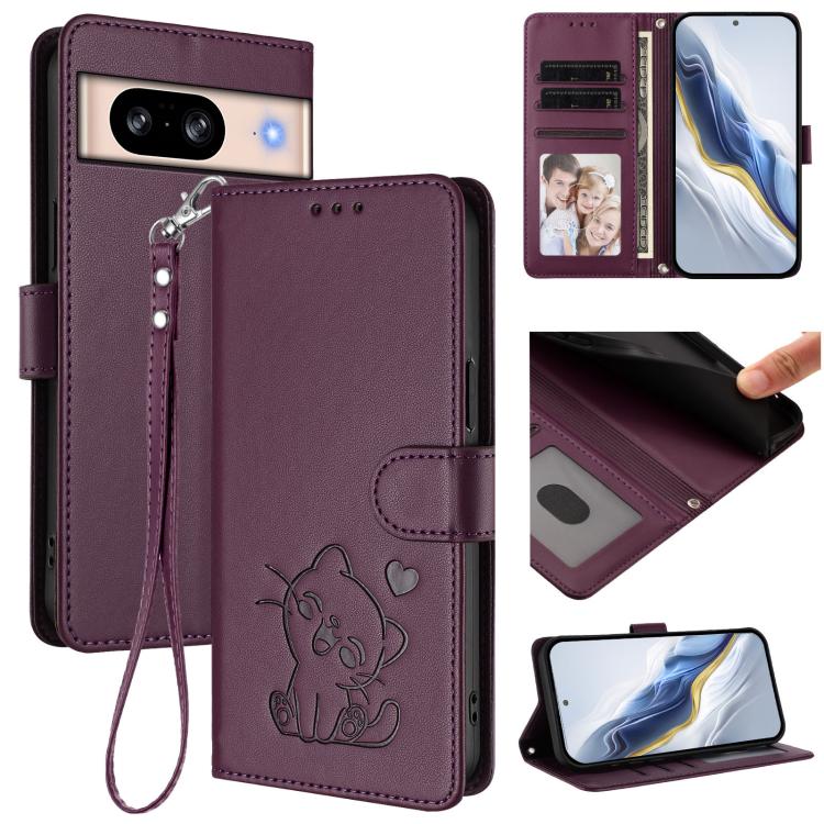 Embossed Heart Cat Leather Phone Case with Hand Strap, For Google Pixel 9a, For Google Pixel 8a, For Google Pixel 8 Pro, For Google Pixel 8