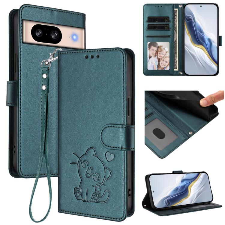 Embossed Heart Cat Leather Phone Case with Hand Strap, For Google Pixel 9a, For Google Pixel 8a, For Google Pixel 8 Pro, For Google Pixel 8