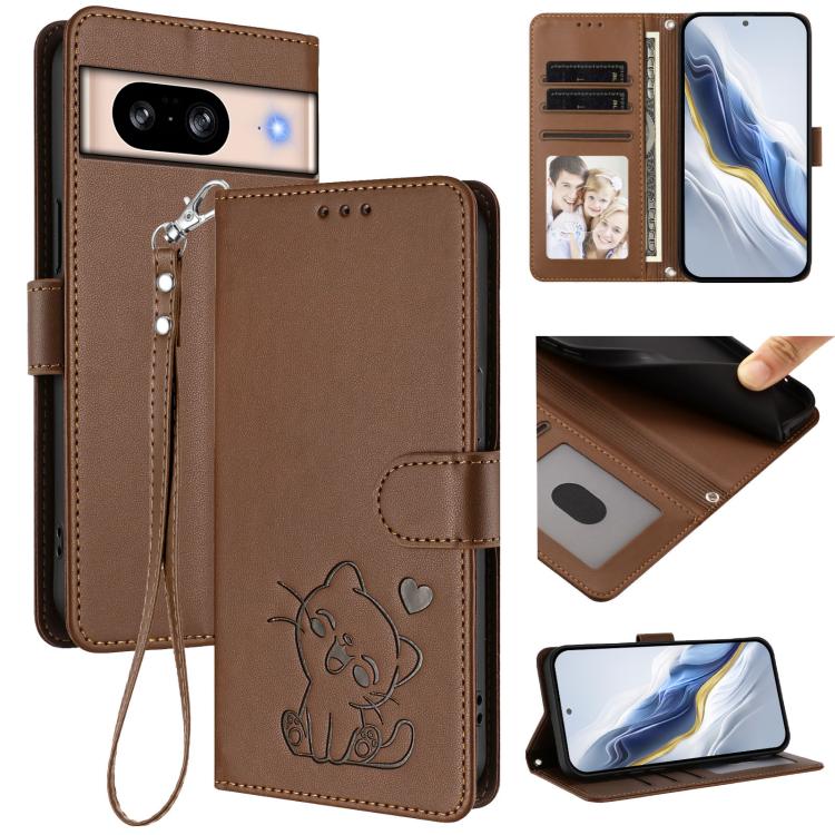Embossed Heart Cat Leather Phone Case with Hand Strap, For Google Pixel 9a, For Google Pixel 8a, For Google Pixel 8 Pro, For Google Pixel 8