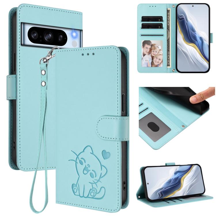 Embossed Heart Cat Leather Phone Case with Hand Strap, For Google Pixel 9a, For Google Pixel 8a, For Google Pixel 8 Pro, For Google Pixel 8