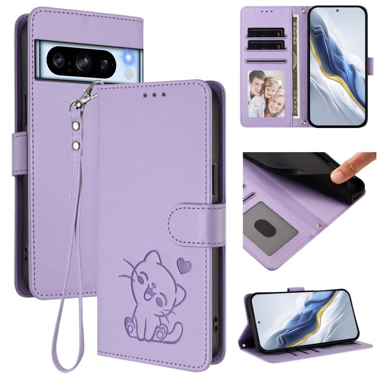 Embossed Heart Cat Leather Phone Case with Hand Strap, For Google Pixel 9a, For Google Pixel 8a, For Google Pixel 8 Pro, For Google Pixel 8