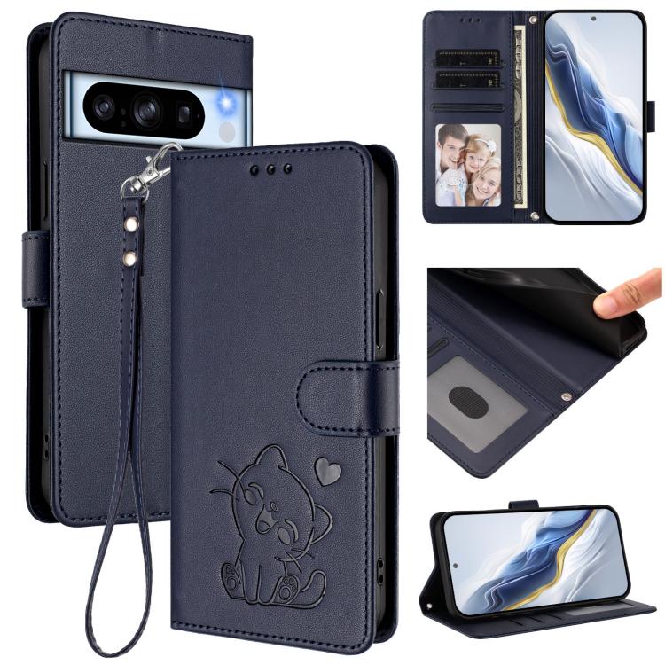 Embossed Heart Cat Leather Phone Case with Hand Strap, For Google Pixel 9a, For Google Pixel 8a, For Google Pixel 8 Pro, For Google Pixel 8