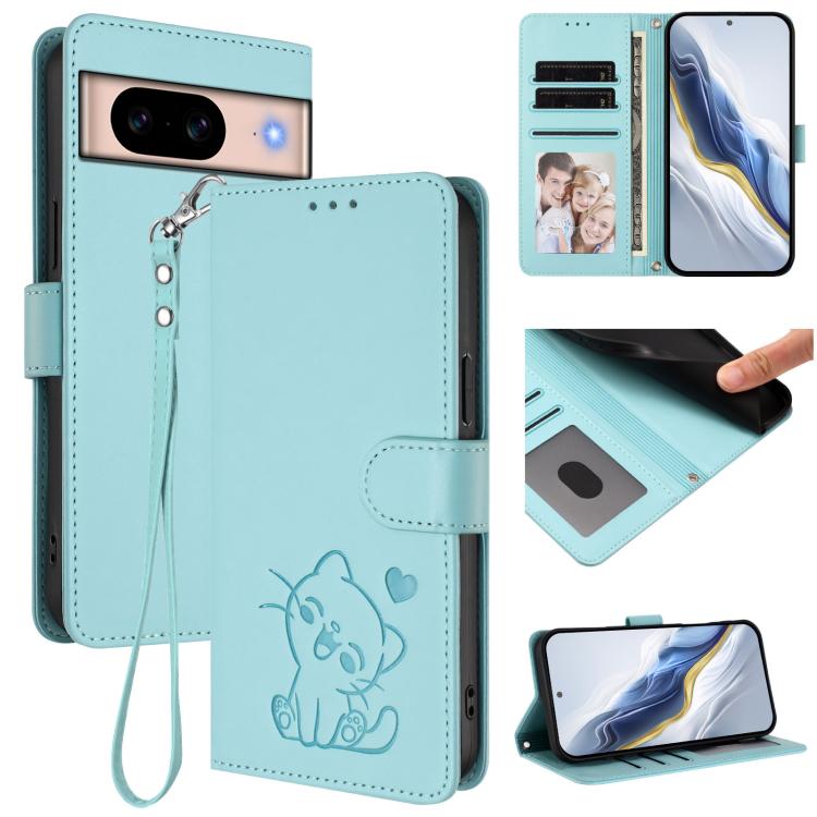 Embossed Heart Cat Leather Phone Case with Hand Strap, For Google Pixel 9a, For Google Pixel 8a, For Google Pixel 8 Pro, For Google Pixel 8