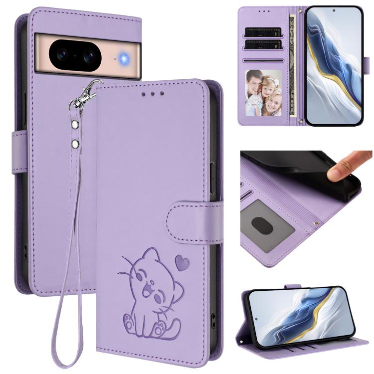 Embossed Heart Cat Leather Phone Case with Hand Strap, For Google Pixel 9a, For Google Pixel 8a, For Google Pixel 8 Pro, For Google Pixel 8