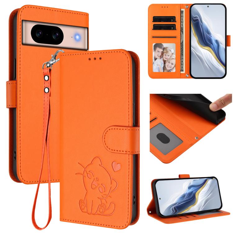Embossed Heart Cat Leather Phone Case with Hand Strap, For Google Pixel 9a, For Google Pixel 8a, For Google Pixel 8 Pro, For Google Pixel 8