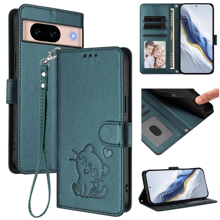 Embossed Heart Cat Leather Phone Case with Hand Strap, For Google Pixel 9a, For Google Pixel 8a, For Google Pixel 8 Pro, For Google Pixel 8