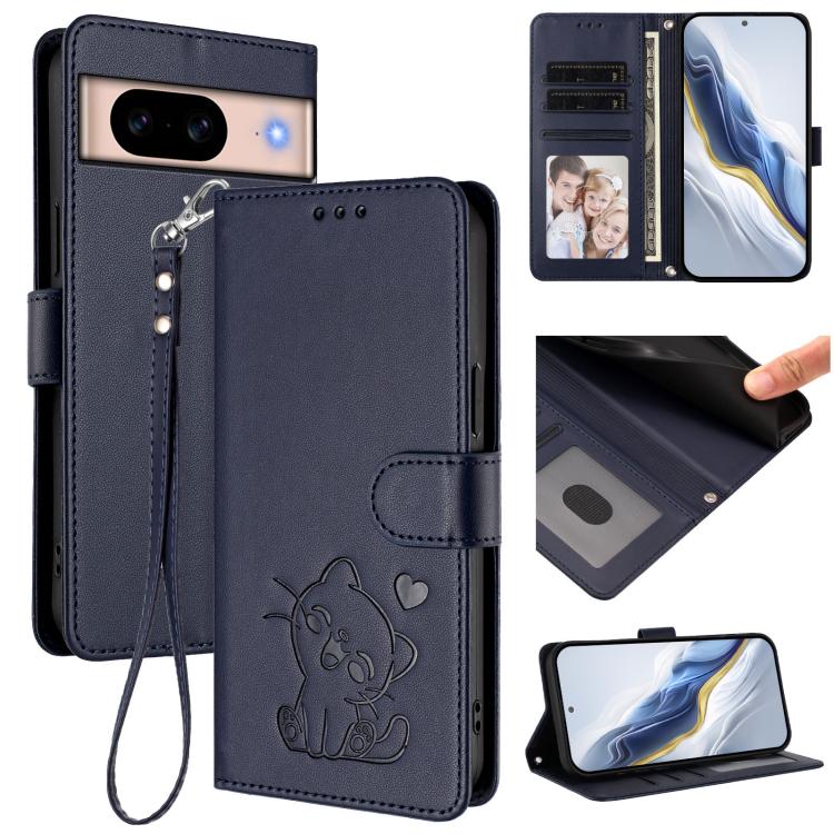 Embossed Heart Cat Leather Phone Case with Hand Strap, For Google Pixel 9a, For Google Pixel 8a, For Google Pixel 8 Pro, For Google Pixel 8