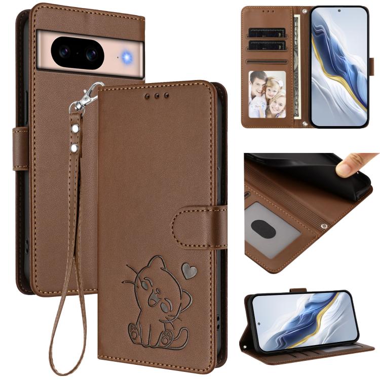 Embossed Heart Cat Leather Phone Case with Hand Strap, For Google Pixel 9a, For Google Pixel 8a, For Google Pixel 8 Pro, For Google Pixel 8