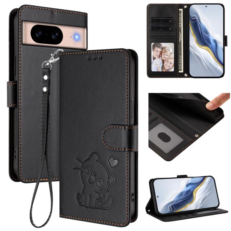 Embossed Heart Cat Leather Phone Case with Hand Strap, For Google Pixel 9a, For Google Pixel 8a, For Google Pixel 8 Pro, For Google Pixel 8