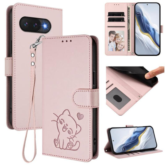 Embossed Heart Cat Leather Phone Case with Hand Strap, For Google Pixel 9a, For Google Pixel 8a, For Google Pixel 8 Pro, For Google Pixel 8