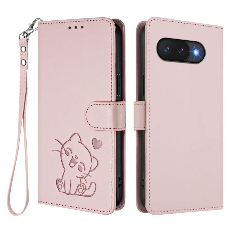 Embossed Heart Cat Leather Phone Case with Hand Strap, For Google Pixel 9a, For Google Pixel 8a, For Google Pixel 8 Pro, For Google Pixel 8