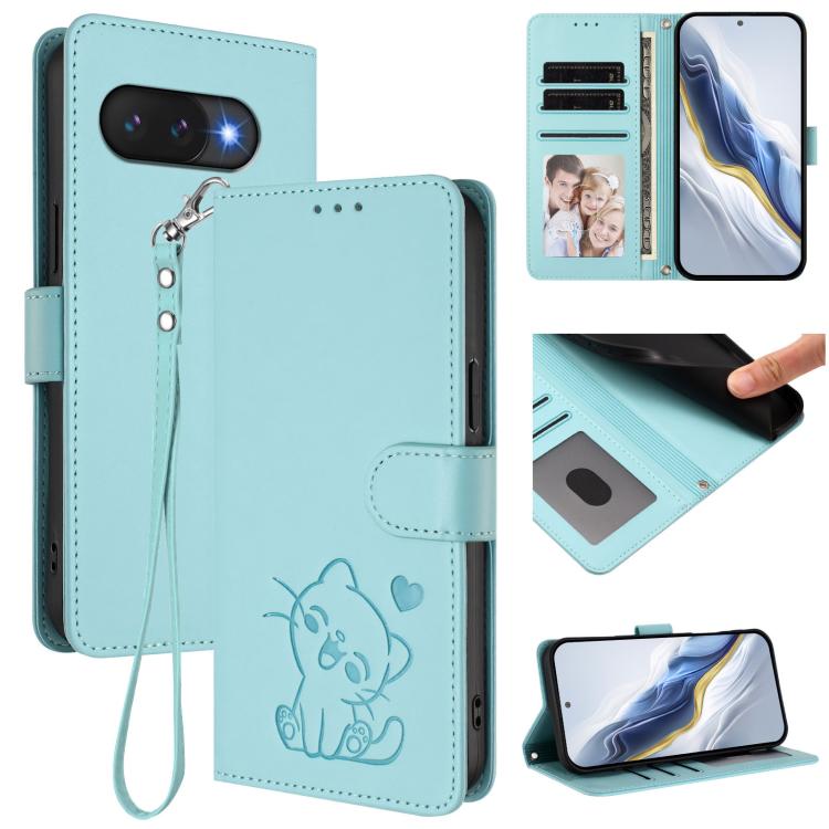 Embossed Heart Cat Leather Phone Case with Hand Strap, For Google Pixel 9a, For Google Pixel 8a, For Google Pixel 8 Pro, For Google Pixel 8