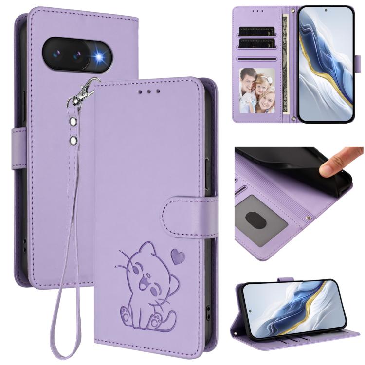 Embossed Heart Cat Leather Phone Case with Hand Strap, For Google Pixel 9a, For Google Pixel 8a, For Google Pixel 8 Pro, For Google Pixel 8
