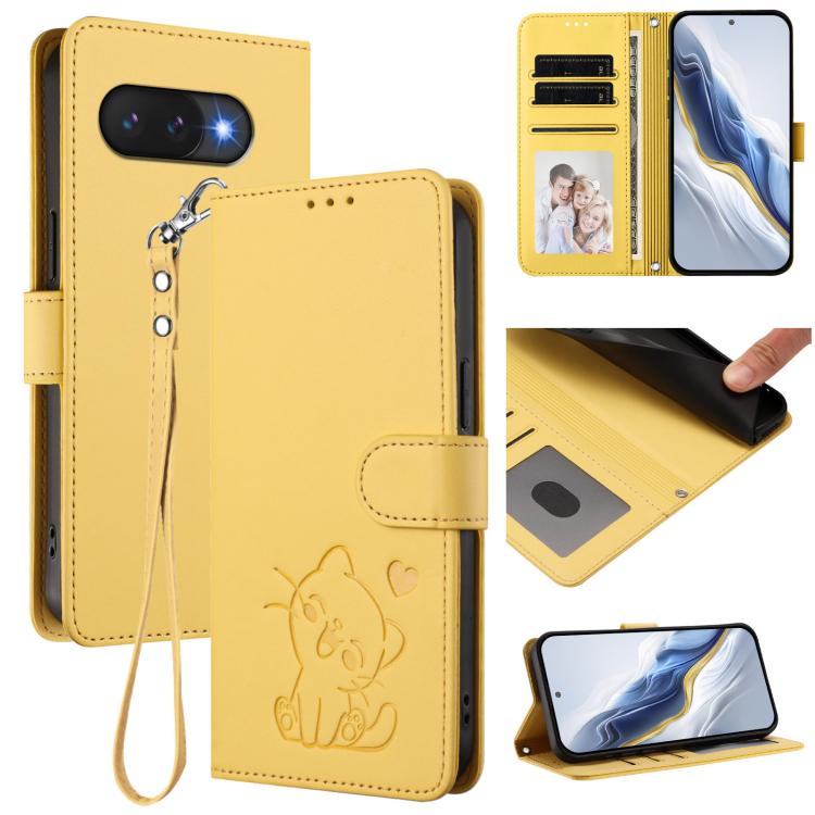Embossed Heart Cat Leather Phone Case with Hand Strap, For Google Pixel 9a, For Google Pixel 8a, For Google Pixel 8 Pro, For Google Pixel 8