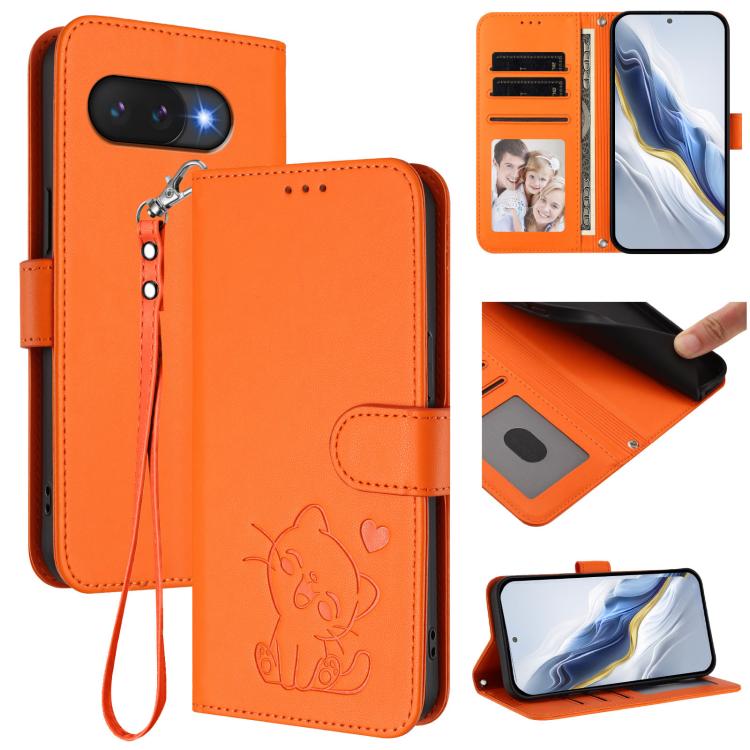 Embossed Heart Cat Leather Phone Case with Hand Strap, For Google Pixel 9a, For Google Pixel 8a, For Google Pixel 8 Pro, For Google Pixel 8