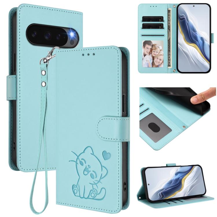Embossed Heart Cat Leather Phone Case with Hand Strap, For Google Pixel 11 Pro XL, For Google Pixel 11 Pro / Pixel 11, For Google Pixel 10 Pro XL / 9 Pro XL, For Google Pixel 10 / 10 Pro / 9 Pro