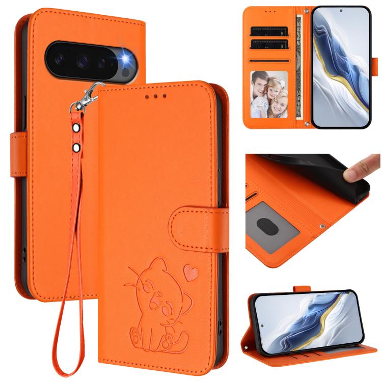 Embossed Heart Cat Leather Phone Case with Hand Strap, For Google Pixel 11 Pro XL, For Google Pixel 11 Pro / Pixel 11, For Google Pixel 10 Pro XL / 9 Pro XL, For Google Pixel 10 / 10 Pro / 9 Pro