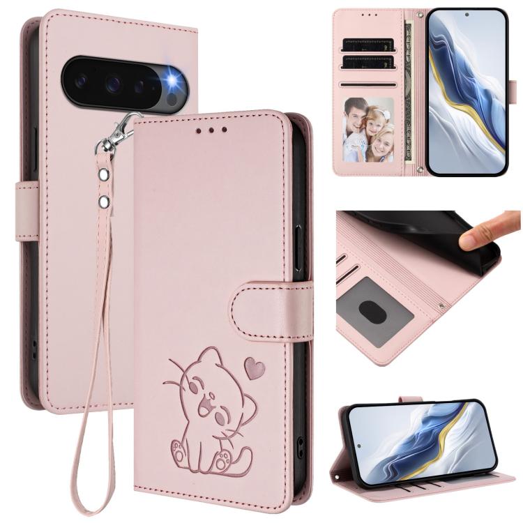 Embossed Heart Cat Leather Phone Case with Hand Strap, For Google Pixel 11 Pro XL, For Google Pixel 11 Pro / Pixel 11, For Google Pixel 10 Pro XL / 9 Pro XL, For Google Pixel 10 / 10 Pro / 9 Pro