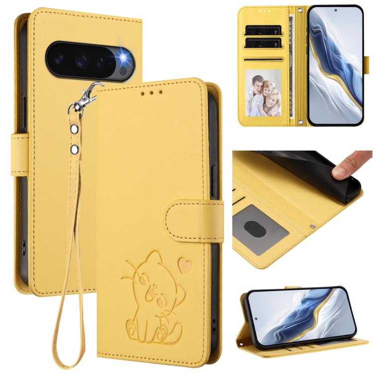 Embossed Heart Cat Leather Phone Case with Hand Strap, For Google Pixel 11 Pro XL, For Google Pixel 11 Pro / Pixel 11, For Google Pixel 10 Pro XL / 9 Pro XL, For Google Pixel 10 / 10 Pro / 9 Pro