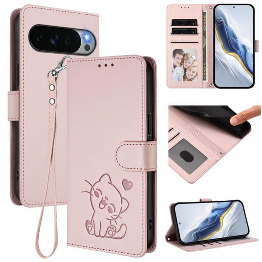 Embossed Heart Cat Leather Phone Case with Hand Strap, For Google Pixel 11 Pro XL, For Google Pixel 11 Pro / Pixel 11, For Google Pixel 10 Pro XL / 9 Pro XL, For Google Pixel 10 / 10 Pro / 9 Pro