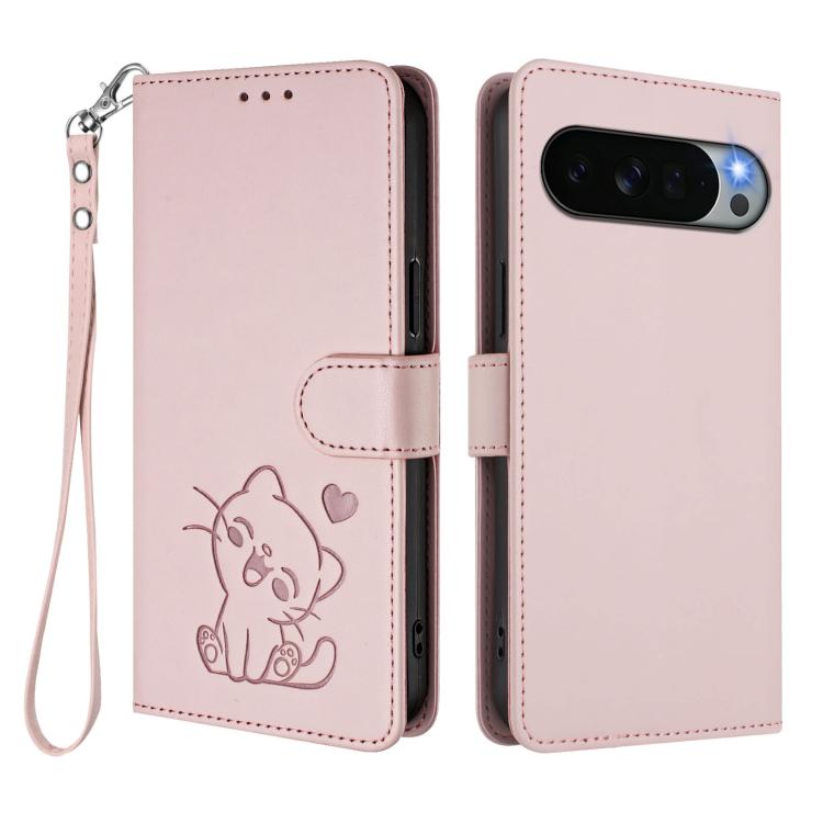 Embossed Heart Cat Leather Phone Case with Hand Strap, For Google Pixel 11 Pro XL, For Google Pixel 11 Pro / Pixel 11, For Google Pixel 10 Pro XL / 9 Pro XL, For Google Pixel 10 / 10 Pro / 9 Pro