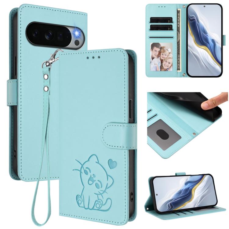 Embossed Heart Cat Leather Phone Case with Hand Strap, For Google Pixel 11 Pro XL, For Google Pixel 11 Pro / Pixel 11, For Google Pixel 10 Pro XL / 9 Pro XL, For Google Pixel 10 / 10 Pro / 9 Pro
