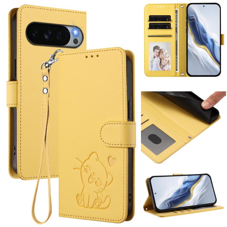 Embossed Heart Cat Leather Phone Case with Hand Strap, For Google Pixel 11 Pro XL, For Google Pixel 11 Pro / Pixel 11, For Google Pixel 10 Pro XL / 9 Pro XL, For Google Pixel 10 / 10 Pro / 9 Pro