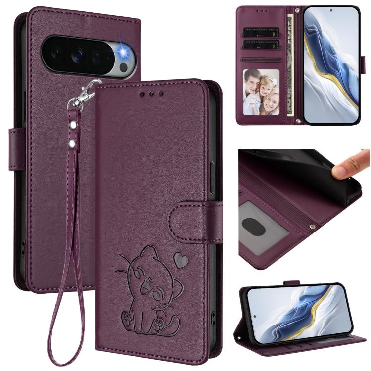 Embossed Heart Cat Leather Phone Case with Hand Strap, For Google Pixel 11 Pro XL, For Google Pixel 11 Pro / Pixel 11, For Google Pixel 10 Pro XL / 9 Pro XL, For Google Pixel 10 / 10 Pro / 9 Pro