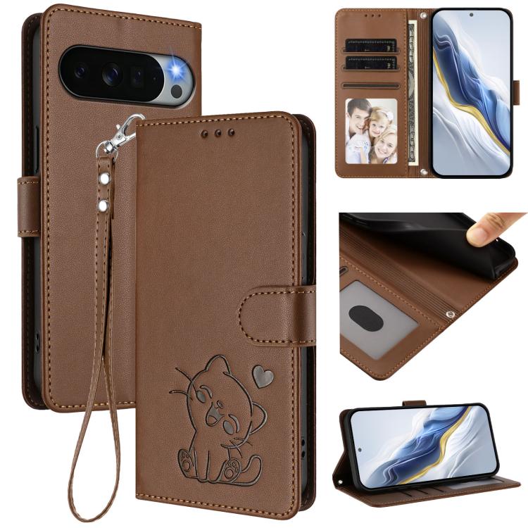 Embossed Heart Cat Leather Phone Case with Hand Strap, For Google Pixel 11 Pro XL, For Google Pixel 11 Pro / Pixel 11, For Google Pixel 10 Pro XL / 9 Pro XL, For Google Pixel 10 / 10 Pro / 9 Pro