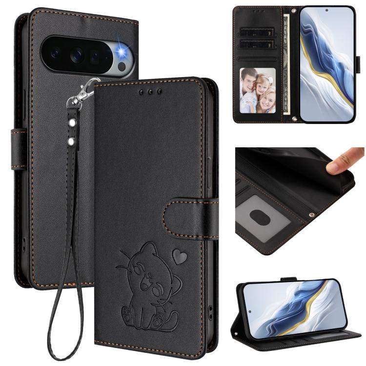 Embossed Heart Cat Leather Phone Case with Hand Strap, For Google Pixel 11 Pro XL, For Google Pixel 11 Pro / Pixel 11, For Google Pixel 10 Pro XL / 9 Pro XL, For Google Pixel 10 / 10 Pro / 9 Pro
