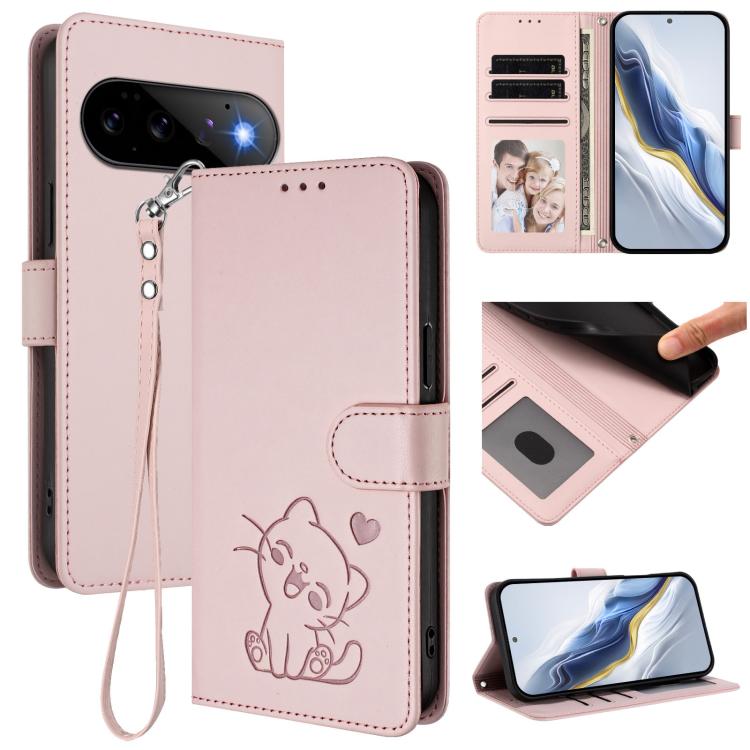 Embossed Heart Cat Leather Phone Case with Hand Strap, For Google Pixel 11 Pro XL, For Google Pixel 11 Pro / Pixel 11, For Google Pixel 10 Pro XL / 9 Pro XL, For Google Pixel 10 / 10 Pro / 9 Pro