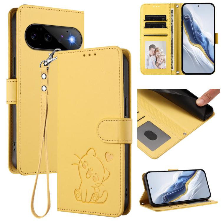 Embossed Heart Cat Leather Phone Case with Hand Strap, For Google Pixel 11 Pro XL, For Google Pixel 11 Pro / Pixel 11, For Google Pixel 10 Pro XL / 9 Pro XL, For Google Pixel 10 / 10 Pro / 9 Pro