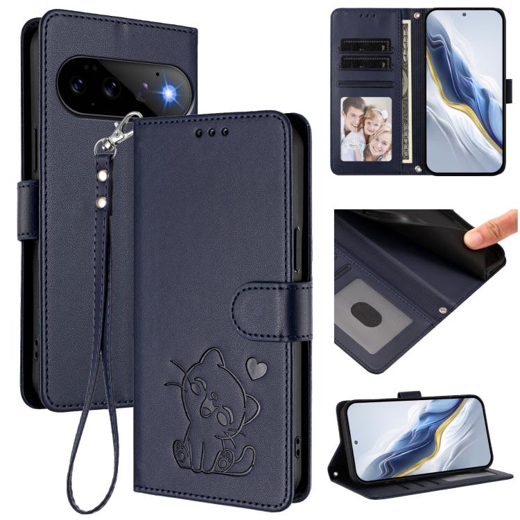 Embossed Heart Cat Leather Phone Case with Hand Strap, For Google Pixel 11 Pro XL, For Google Pixel 11 Pro / Pixel 11, For Google Pixel 10 Pro XL / 9 Pro XL, For Google Pixel 10 / 10 Pro / 9 Pro