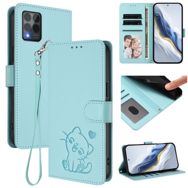 Embossed Heart Cat Leather Phone Case with Hand Strap, For T-Mobile Revvl 8 / T Phone 3, For T-Mobile Revvl 7 Pro / T Phone 2 Pro 5G, For T-Mobile Revvl 7 / T Phone 2 5G, For T-Mobile Revvl 6 Pro 5G / 6X Pro 5G