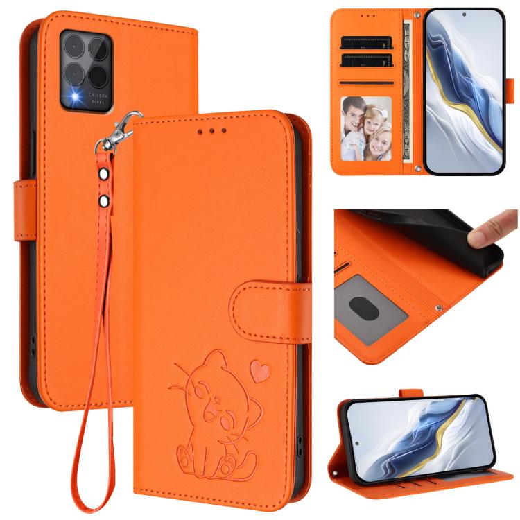Embossed Heart Cat Leather Phone Case with Hand Strap, For T-Mobile Revvl 8 / T Phone 3, For T-Mobile Revvl 7 Pro / T Phone 2 Pro 5G, For T-Mobile Revvl 7 / T Phone 2 5G, For T-Mobile Revvl 6 Pro 5G / 6X Pro 5G