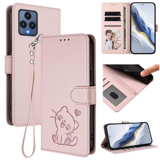 Embossed Heart Cat Leather Phone Case with Hand Strap, For T-Mobile Revvl 6 / 6X