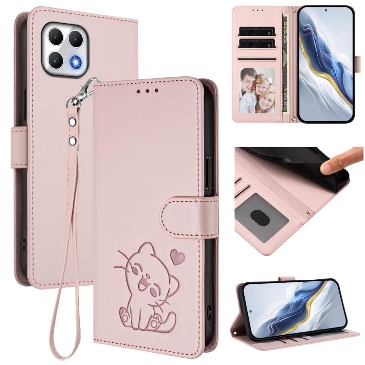 Embossed Heart Cat Leather Phone Case with Hand Strap, For T-Mobile Revvl 8 / T Phone 3, For T-Mobile Revvl 7 Pro / T Phone 2 Pro 5G, For T-Mobile Revvl 7 / T Phone 2 5G, For T-Mobile Revvl 6 Pro 5G / 6X Pro 5G