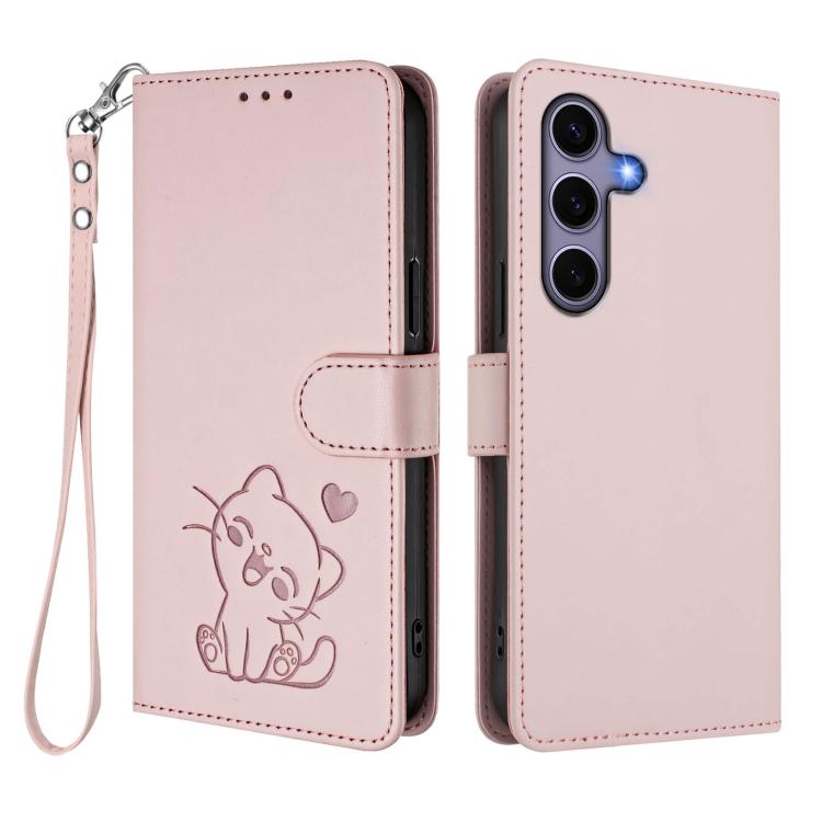 Embossed Heart Cat Leather Phone Case with Hand Strap, For Samsung Galaxy S25 / S24 5G, For Samsung Galaxy S25+ / S24+ 5G, For Samsung Galaxy S25 Ultra 5G, For Samsung Galaxy S24 FE 5G