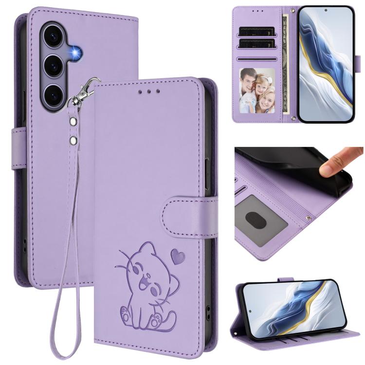Embossed Heart Cat Leather Phone Case with Hand Strap, For Samsung Galaxy S25 / S24 5G, For Samsung Galaxy S25+ / S24+ 5G, For Samsung Galaxy S25 Ultra 5G, For Samsung Galaxy S24 FE 5G