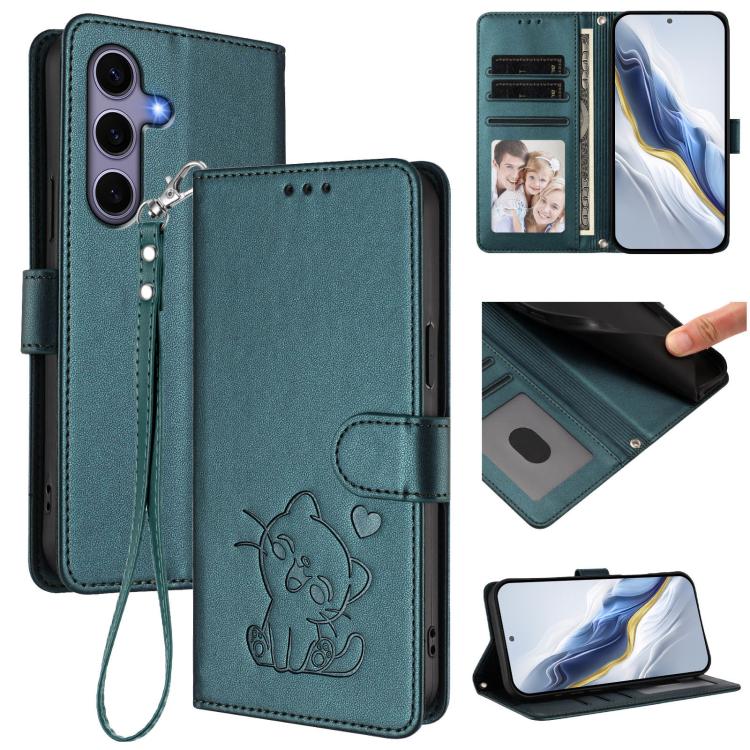 Embossed Heart Cat Leather Phone Case with Hand Strap, For Samsung Galaxy S25 / S24 5G, For Samsung Galaxy S25+ / S24+ 5G, For Samsung Galaxy S25 Ultra 5G, For Samsung Galaxy S24 FE 5G