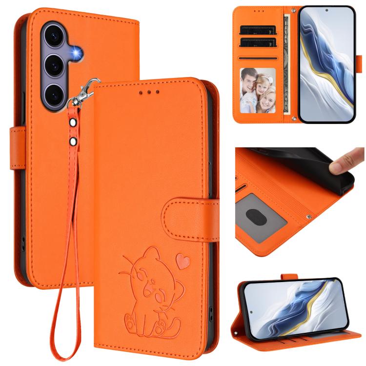 Embossed Heart Cat Leather Phone Case with Hand Strap, For Samsung Galaxy S25 / S24 5G, For Samsung Galaxy S25+ / S24+ 5G, For Samsung Galaxy S25 Ultra 5G, For Samsung Galaxy S24 FE 5G