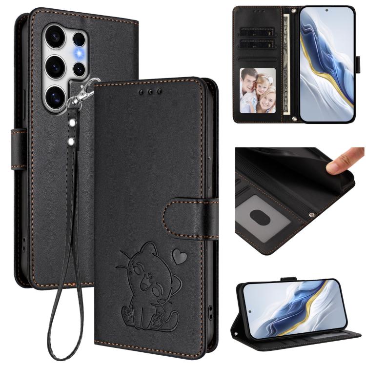 Embossed Heart Cat Leather Phone Case with Hand Strap, For Samsung Galaxy S25 / S24 5G, For Samsung Galaxy S25+ / S24+ 5G, For Samsung Galaxy S25 Ultra 5G, For Samsung Galaxy S24 FE 5G