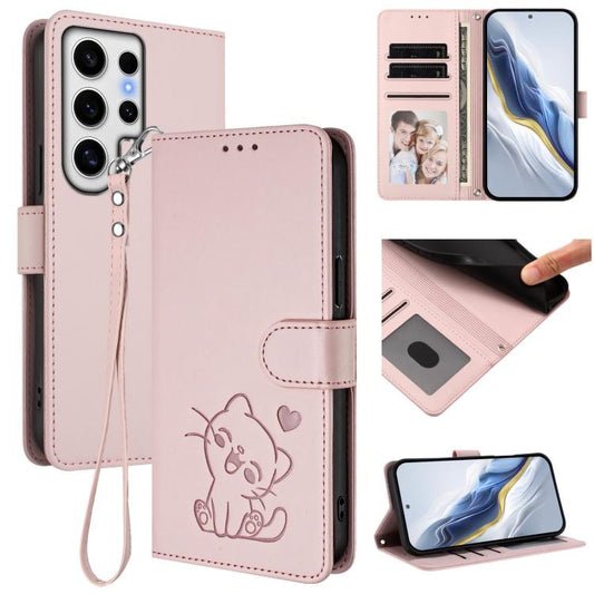 Embossed Heart Cat Leather Phone Case with Hand Strap, For Samsung Galaxy S24 Ultra 5G, For Samsung Galaxy S23 FE 5G, For Samsung Galaxy S23 Ultra 5G, For Samsung Galaxy S23+ 5G