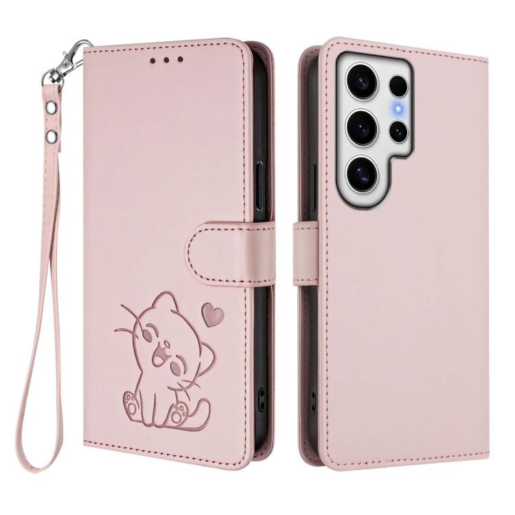 Embossed Heart Cat Leather Phone Case with Hand Strap, For Samsung Galaxy S24 Ultra 5G, For Samsung Galaxy S23 FE 5G, For Samsung Galaxy S23 Ultra 5G, For Samsung Galaxy S23+ 5G