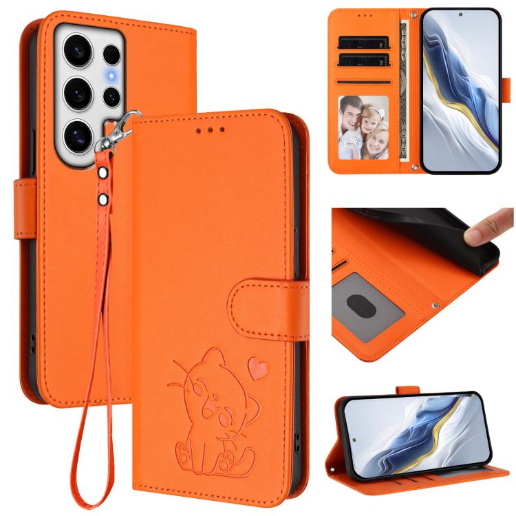 Embossed Heart Cat Leather Phone Case with Hand Strap, For Samsung Galaxy S24 Ultra 5G, For Samsung Galaxy S23 FE 5G, For Samsung Galaxy S23 Ultra 5G, For Samsung Galaxy S23+ 5G