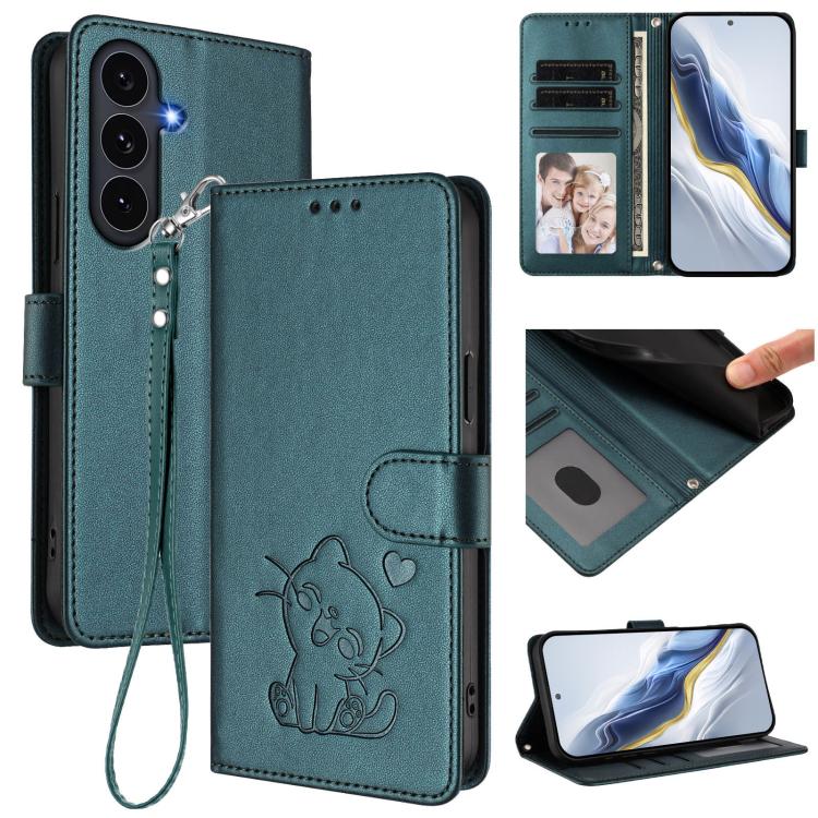 Embossed Heart Cat Leather Phone Case with Hand Strap, For Galaxy S26 FE 5G, For Samsung Galaxy S26+ 5G, For Samsung Galaxy S25 FE 5G, For Samsung Galaxy S25 Edge 5G