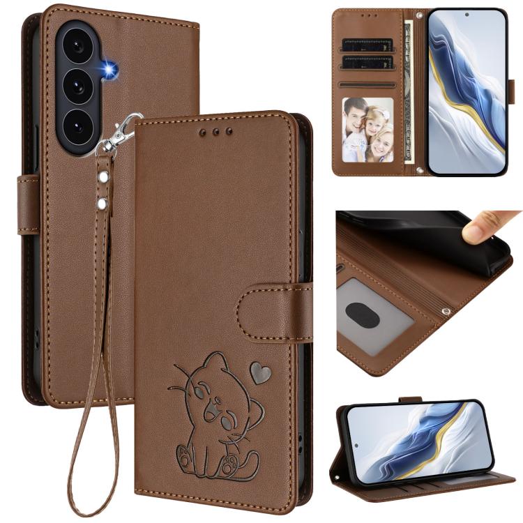 Embossed Heart Cat Leather Phone Case with Hand Strap, For Galaxy S26 FE 5G, For Samsung Galaxy S26+ 5G, For Samsung Galaxy S25 FE 5G, For Samsung Galaxy S25 Edge 5G