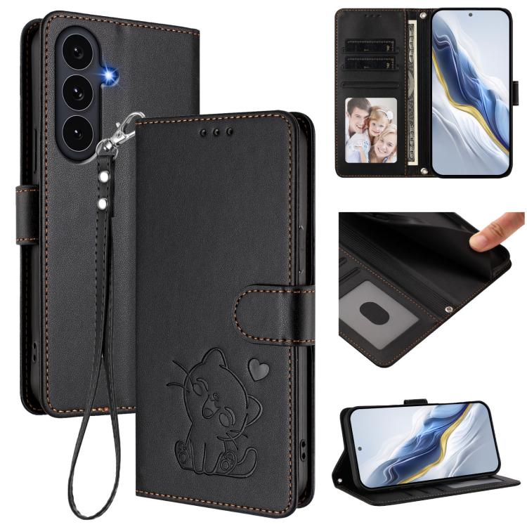 Embossed Heart Cat Leather Phone Case with Hand Strap, For Galaxy S26 FE 5G, For Samsung Galaxy S26+ 5G, For Samsung Galaxy S25 FE 5G, For Samsung Galaxy S25 Edge 5G