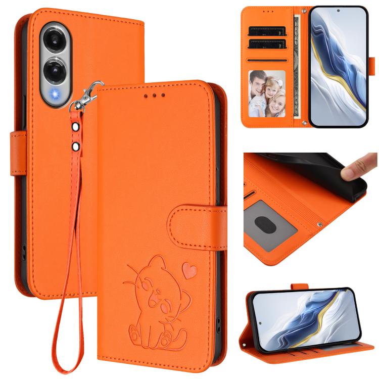 Embossed Heart Cat Leather Phone Case with Hand Strap, For Galaxy S26 FE 5G, For Samsung Galaxy S26+ 5G, For Samsung Galaxy S25 FE 5G, For Samsung Galaxy S25 Edge 5G