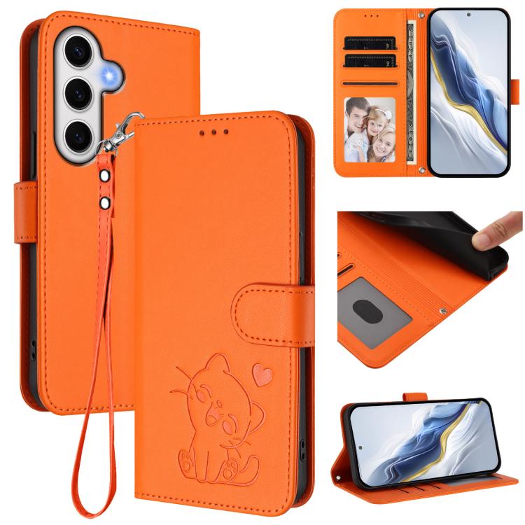 Embossed Heart Cat Leather Phone Case with Hand Strap, For Samsung Galaxy S25 / S24 5G, For Samsung Galaxy S25+ / S24+ 5G, For Samsung Galaxy S25 Ultra 5G, For Samsung Galaxy S24 FE 5G
